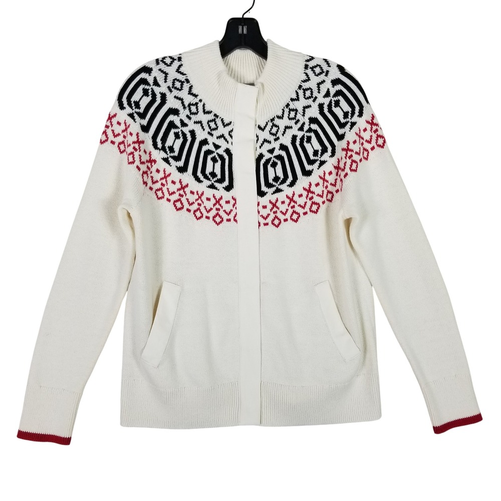 T by Talbots Cardigan Sweater Women Small Ivory Fair Isle Snap Front Mock Neck H